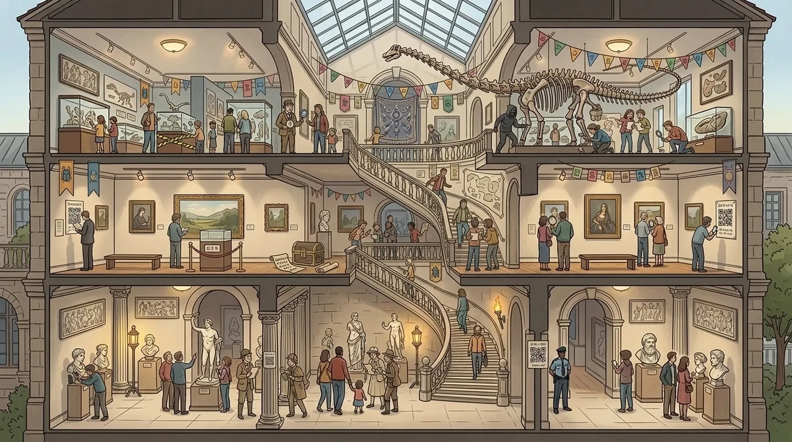 Le même musée pendant une enquête ImmA : des équipes scannent un QR code près d'une vitrine, interrogent un acteur costumé et examinent les œuvres ensemble.