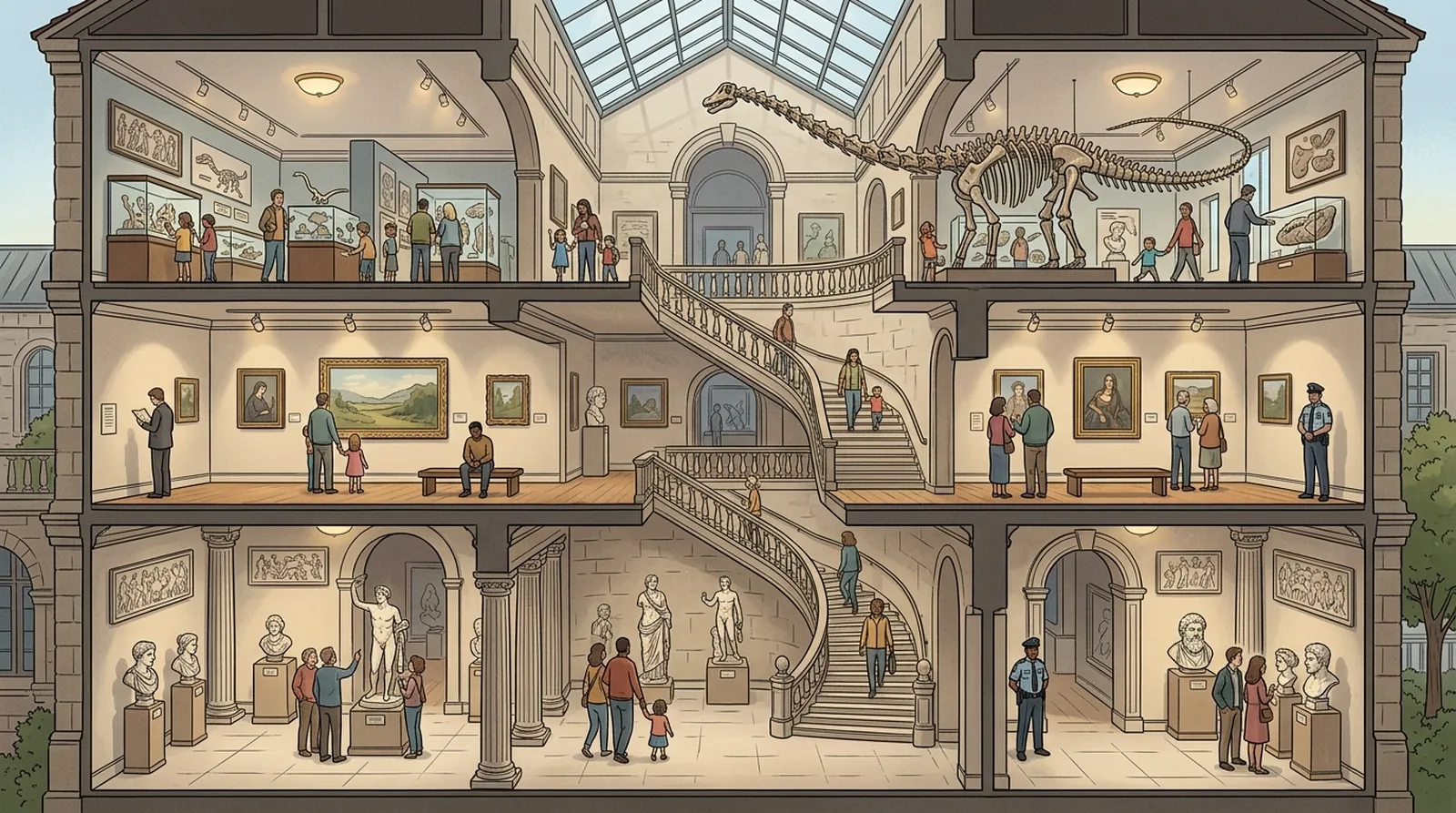Coupe d'un musée un jour ordinaire : des visiteurs circulent calmement entre la salle des sculptures, la galerie de peinture et l'étage d'histoire naturelle.
